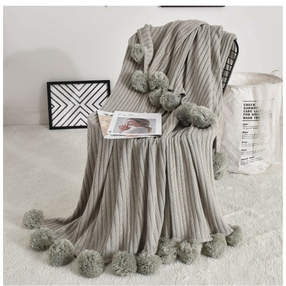 Trendy Dark Grey Pompom Fringe Chic Cozy Soft Throw Blanket/Cover Dorm/Bedroom - Picture 12 of 12